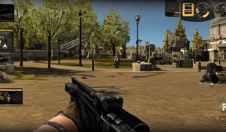 Prompt: screen shot of COD, in the park, Gun in the lower right corner