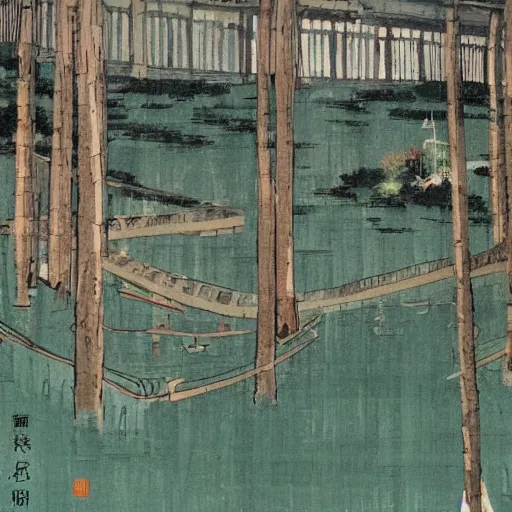 Image similar to a chinese prison near a river by peter doig : : 1 and ukiyo - e : : 0. 0 1, muted colors