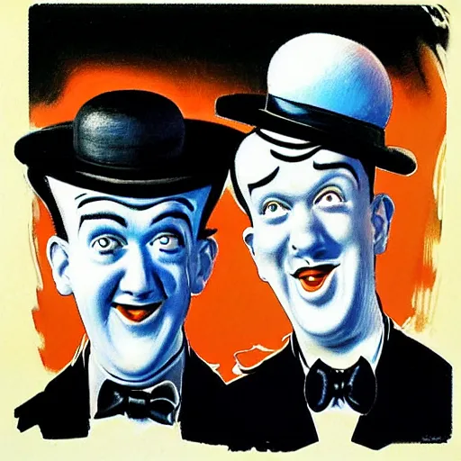 Image similar to A portrait of Stan Laurel and Oliver Hardy in hats by Frank Kelly Freas