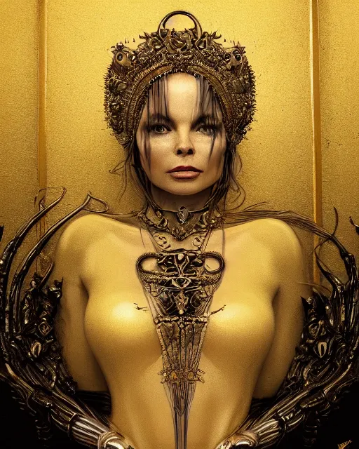 Prompt: concept art, Briana Banks, beautiful, frank frazetta, ornate, art nouveau, symmetrical, gold jewelry, high contrast, unbiased render, Emil melmoth, eerie, haunting, victorian, 8k, octane render, style of Gustav Klimt, head and shoulders