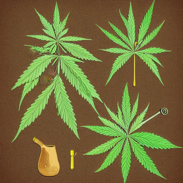 Image similar to botanical illustration of cannabis featuring a joint and a pipe, detailed pointers with text