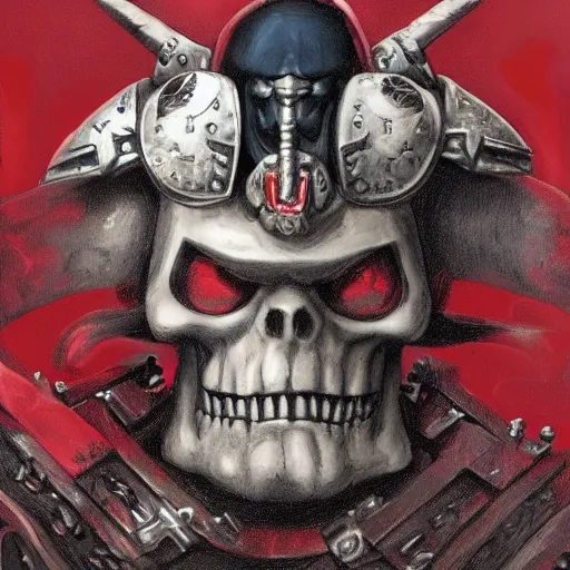 Image similar to warhammer 4 0 k portrait of a man with only one eye and wearign a red top hat in the service of the chaos gods