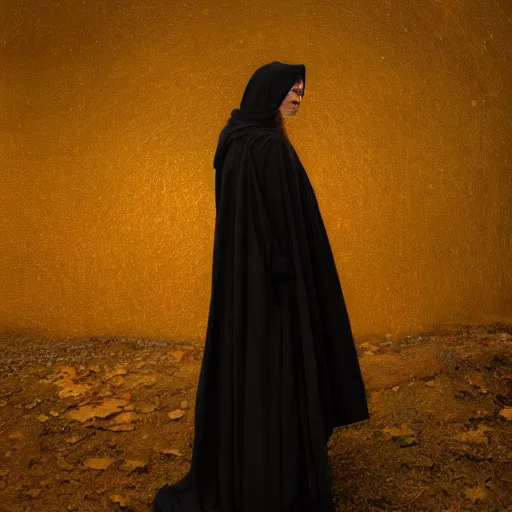 Image similar to a portrait of a young woman wearing a long dark cloak, hood and shadows covering face, holding golden chains, oil painting, matte painting, black background, Volumetric Golden dappled dynamic lighting, Highly Detailed, Cinematic Lighting, Unreal Engine, 8k, HD, by Beksinski