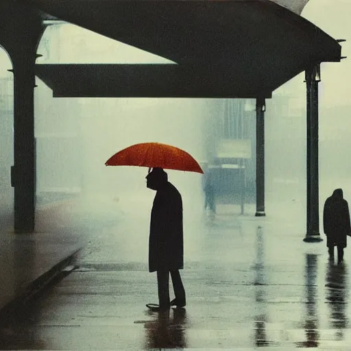 Prompt: “Saul Leiter style photograph of a man taking shelter in a rainstorm under a bridge, extremely detailed, hyper realistic, melancholy, by Saul Leiter”