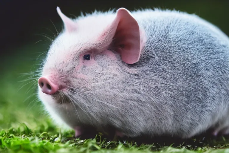 Image similar to a pig chinchilla!!! hybrid! hyper realistic!! realistic lighting!! wildlife photographer of the year!!! bold natural colors, national geographic, hd, wide angle, 8 k