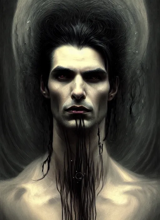 Image similar to portrait of a ancient immortal vampire elegant man with long tangles of black hair, beautiful piercing eyes, gothic fog ambience, hyper realistic head, fantasy art, in the style of greg rutkowski, zdizslaw beksinski, intricate, alphonse mucha, hyper detailed, smooth