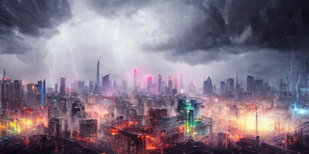 Prompt: long exposure photograph of severe weather storms above an beautiful orwellian city, shanghai, detailed textures, hyper realistic, vibrant colors, cinematic lighting, graffiti art style, climate change, digital art painting by greg rutkowski and ridley scott, cinematic, concept art, 3 5 mm grain filter, artstation