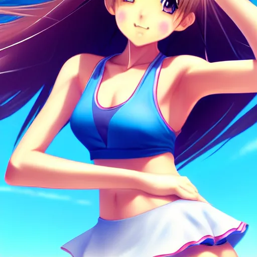 Image similar to a very beautiful young mature anime tennis girl, full body, long wavy blond hair, sky blue eyes, full round face, short smile, bikini, miniskirt, highly detailed, cinematic wallpaper by stanley artgerm lau