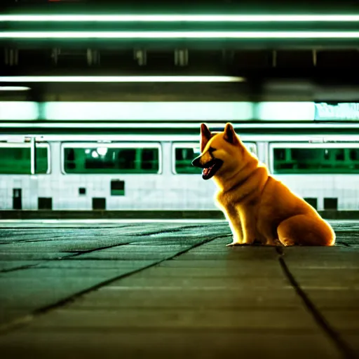 Prompt: high detail photo of a akita inu dog waiting alone at an empty foggy train station, orange green lighting, desolate, atmospheric, hazy, 8k, reflections