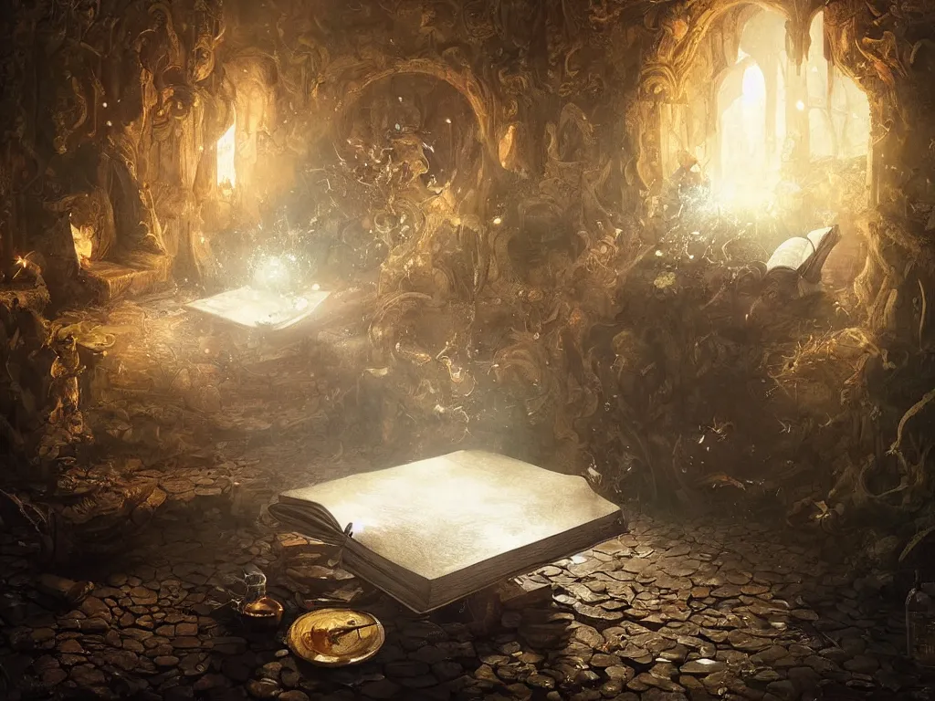 Image similar to detailed painting of a magical book open on a table that is a portal to a fantasy realm by Greg Rutkowski, fantasy, dramatic light