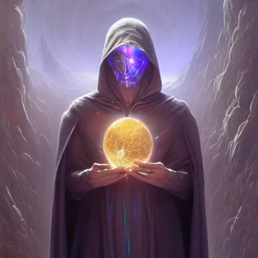 Image similar to the creator of worlds wearing a cloak and holding a holographic planet projection in his hand, detailed, sci - fi, digital painting, artstation, sharp focus, illustration, ominous, artgerm, tomasz alen kopera, peter mohrbacher, donato giancola, joseph christian leyendecker, wlop, frank frazetta