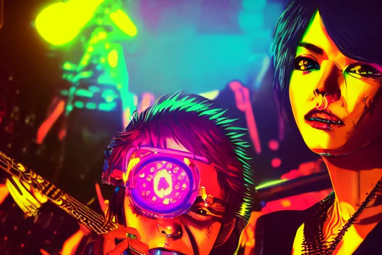 Image similar to pop art of a punk at a japanese metal concert in a cyberpunk world, bright neon colors, intricate details, complementary colors, detailed face, backlighting, octane render, depth of field, extremely detailed, trending in artstation, focus on face, sharp focus, radiant light, beautiful composition