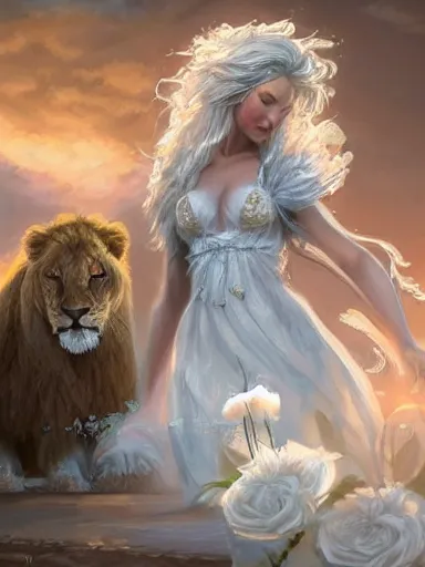 Prompt: a woman, wearing a cute white dress adorned with flowers. hugging a ferocious lion intricate, elegant, highly detailed, digital painting, artstation, concept art, sharp focus, illustration, by justin gerard and artgerm, 8 k