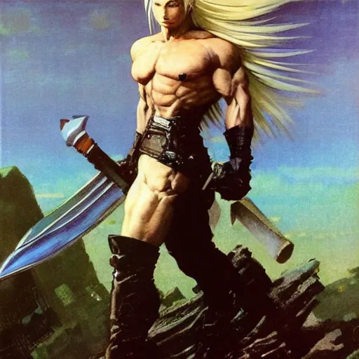 Prompt: portrait Sephiroth wearing a cloud strife costume face head shoulders with ripped shredded physique stands atop a skyscraper vagrant story norman rockwell brad rigney frank frazetta winslow homer greg rutkowski