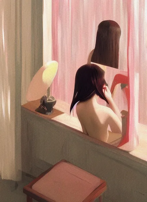 Image similar to a beautiful muse captivatingly dreaming and brushing her hair in front of a mirror made of dread, nightmare dream from the Ring, in style of Ilya Kuvshinov and Edward Hopper, highly detailed