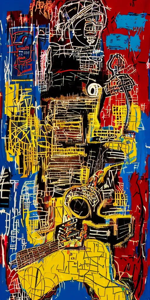 Prompt: a cyberpunk portrait of a guitar player on stage shredding a solo by jean - michel basquiat, by hayao miyazaki by artgerm, highly detailed, sacred geometry, mathematics, snake, geometry, cyberpunk, vibrant, water