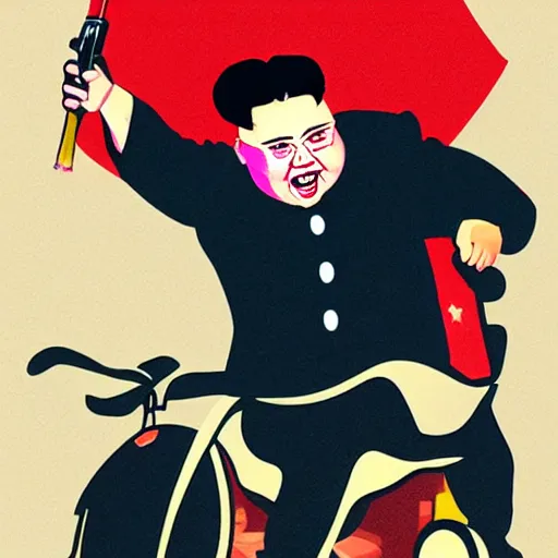 Prompt: caricature of kim jong un riding a missile, colorful