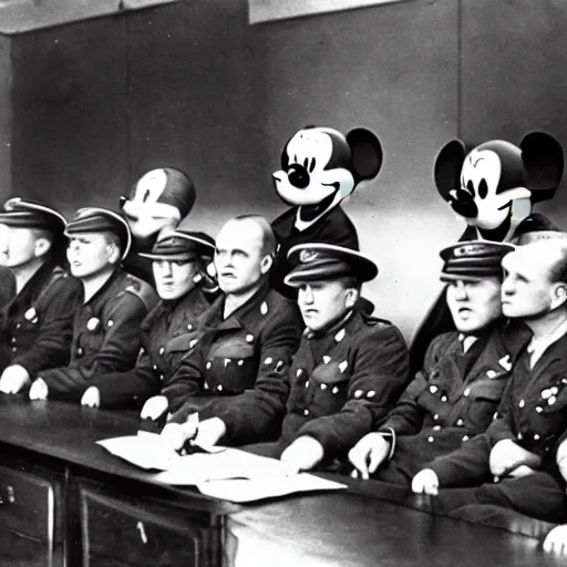 Prompt: Mickey Mouse WW2 photograph in a military meeting, Germans, dictator