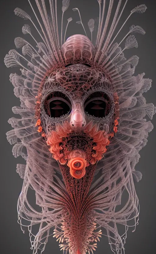 Image similar to intricate gothic girl mask, eagle coral, jelly fish, feathers, mandelbulb 3 d, fractal flame, octane render, cyborg, biomechanical, futuristic, by ernst haeckel