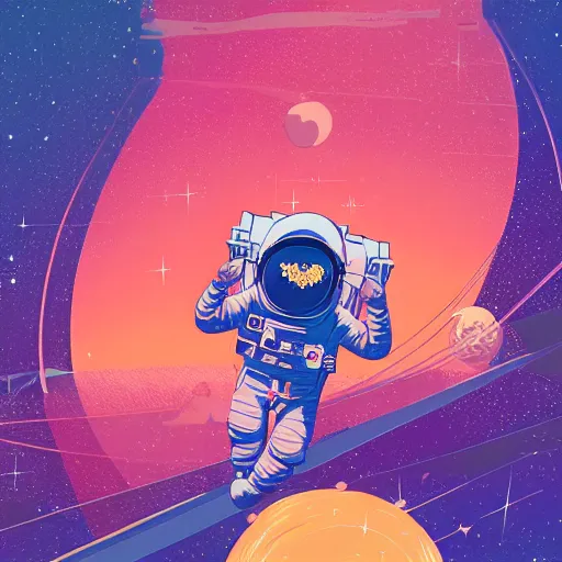 Prompt: Intricate ultradetailed illustration of an orange astronaut floating in space surrounded by vibrant nebula and stars by Tomer Hanuka and Victo Ngai and beeple