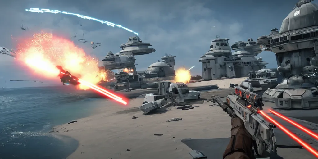 Prompt: screenshot of shore trooper, on scarif, ea star wars battlefront 2015, shooting lazers, highly detailed