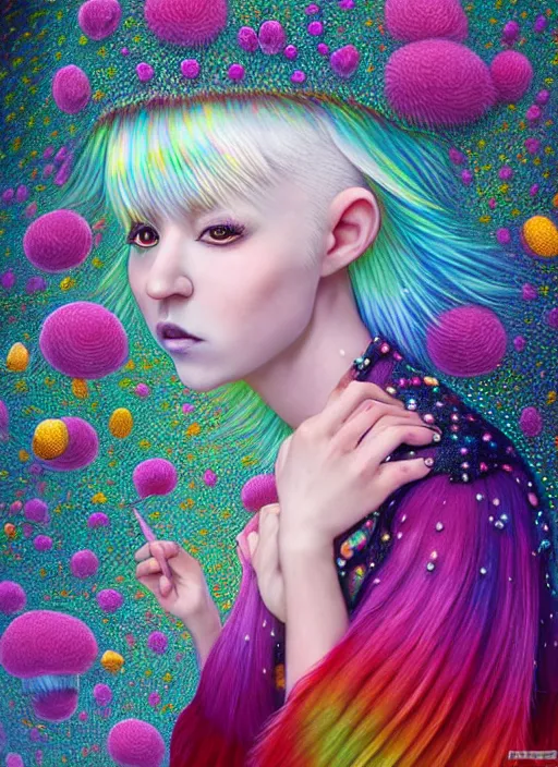 Image similar to hyper detailed 3d render like a Oil painting - kawaii portrait Aurora (white haired Singer Weasle) seen Eating of the Strangling network of yellowcake aerochrome and milky Fruit and Her delicate Hands hold of gossamer polyp blossoms bring iridescent fungal flowers whose spores black the foolish stars by Jacek Yerka, Ilya Kuvshinov, Mariusz Lewandowski, Houdini algorithmic generative render, Abstract brush strokes, Masterpiece, Edward Hopper and James Gilleard, Zdzislaw Beksinski, Mark Ryden, Wolfgang Lettl, hints of Yayoi Kasuma, octane render, 8k