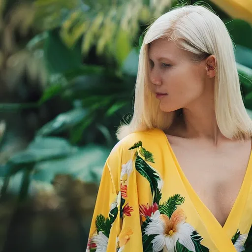 Prompt: head to shoulder portrait photograph of an elegant blond woman wearing a yellow kimono in a tropical greenhouse. looking at the camera!!. very detailed barn owl on her shoulder!!!. super resolution. 85 mm f1.8 lens.bokeh.graflex. by Alessio albi !