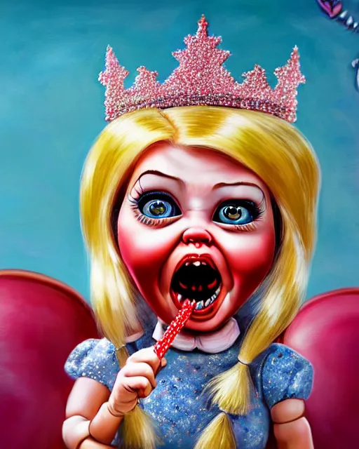 Prompt: closeup profile portrait of a tin toy ivanka trump screaming as a fairytale princess chucky doll wearing a crown and eating cakes, bikini, hyper realistic, artstation, illustration, nicoletta ceccoli, mark ryden, lostfish, max fleischer, digital paint, matte paint, vivid colors, bright, cheerful, detailed and intricate environment