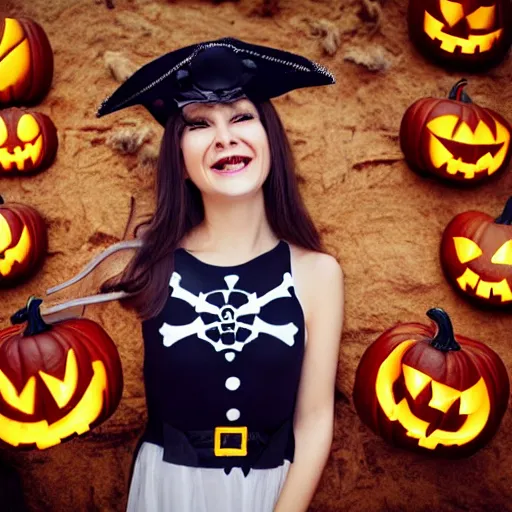 Prompt: photorealistic illustration girl smiling dressed in skull and crossbones halloween costume