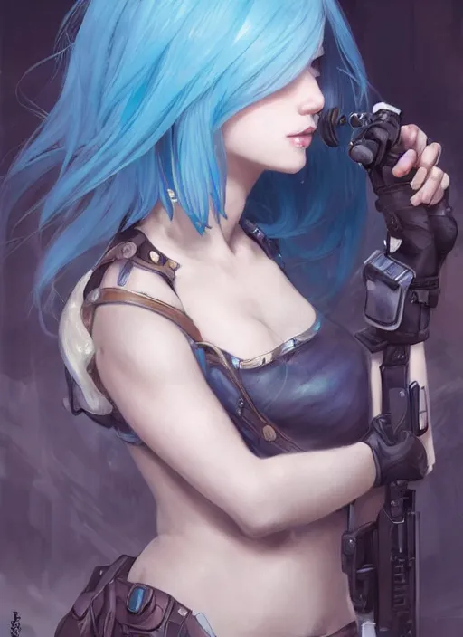 Image similar to stunningly beautiful female blue hair, dj sura face, fantasy art, military girl, army girl outfit, soldier helmet, jungle background, dark light night, sharp focus, digital painting, 8 k, concept art, art by wlop, artgerm, greg rutkowski and alphonse mucha