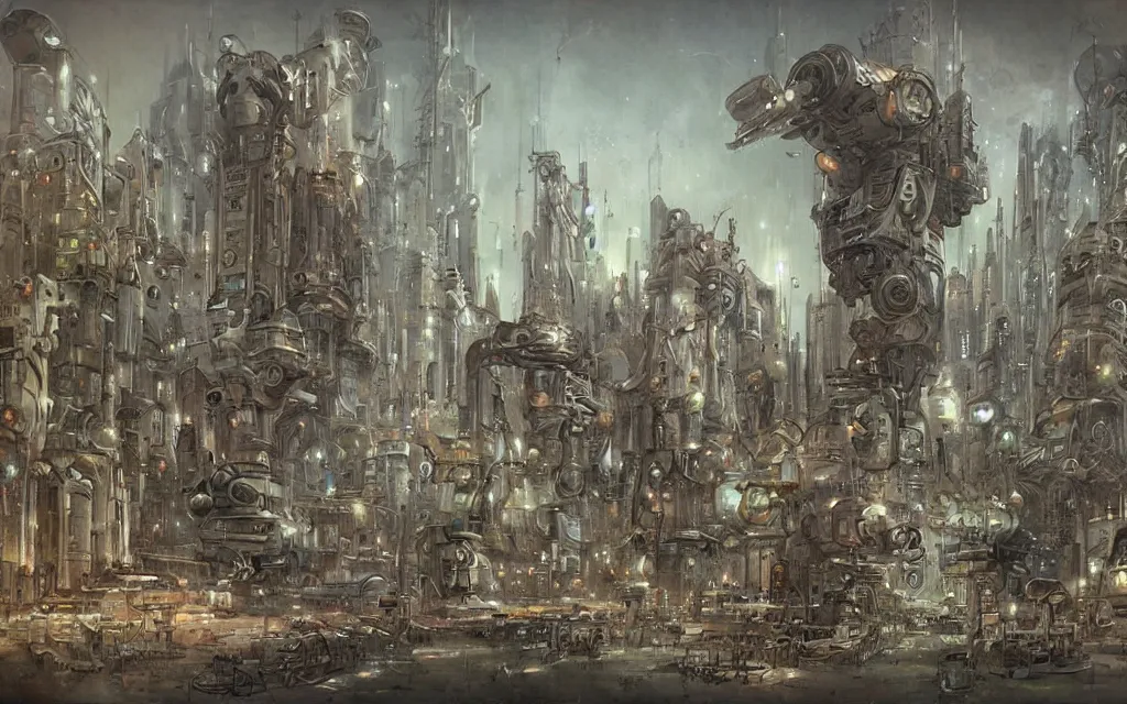 Prompt: retrofuturist robot city on planet robot by jean baptiste monge, muted colors,