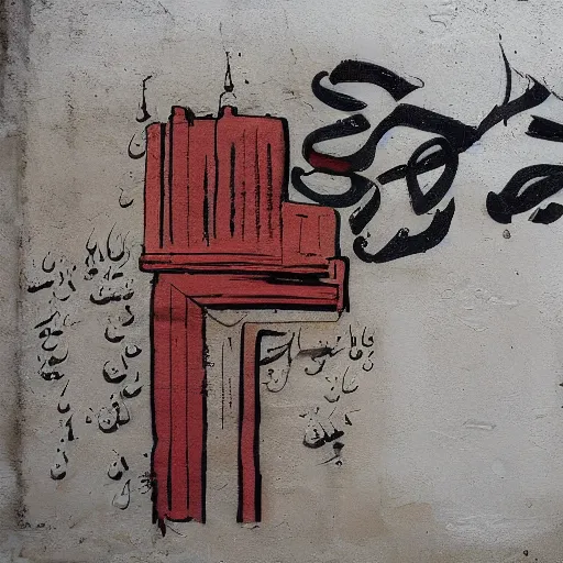 Image similar to arabic calligraphy, transylvanian folk art, in the style of graffiti, made by banksy