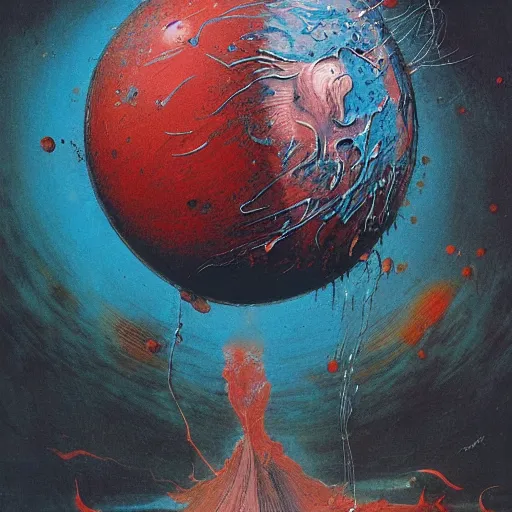 Image similar to a sphere being devoured by abstract splatters of paint in the style of francis bacon, venus being engulfed in flames in the style of james jean, surreal, beksinski, high detailed