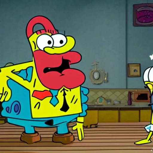 Prompt: Spongebob Squarepants in a Mortal Combat fight with Squidward.
