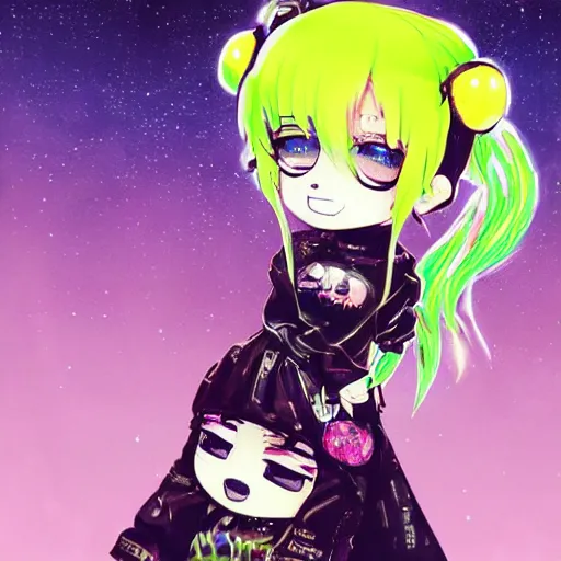 Prompt: view drawing full body!! t pose!! portrait of a grungy skull anime and chibi very cute doll by super ss, cyberpunk fashion, nendoroid, kawaii, curly pink hair, night sky, looking up, swirly clouds, neon yellow stars, by wlop, james jean, victo ngai, muted colors, highly detailed