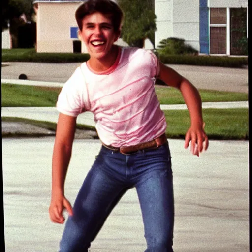 Prompt: a color photograph of a very handsome young guy in 1 9 8 8, he is at college and being silly