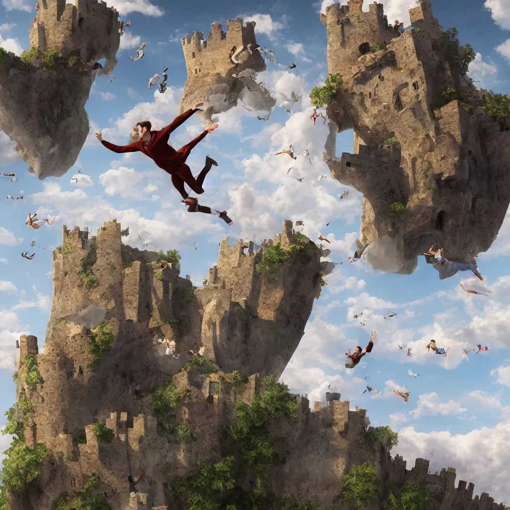 Image similar to full body of one man jumping from a castle in the air, digital art, 3 d