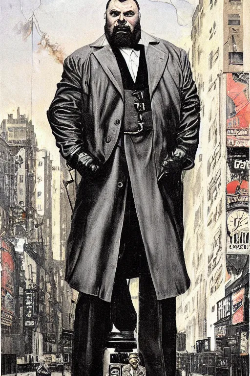 Prompt: full length portrait of eddie hall as a huge tall hulking marvel gangster wearing a leather trench coat standing on street 1 9 3 0 s new york, by lawrence alma tadema and zdzislaw beksinski and norman rockwell and jack kirby and tom lovell and greg staples and michael alford