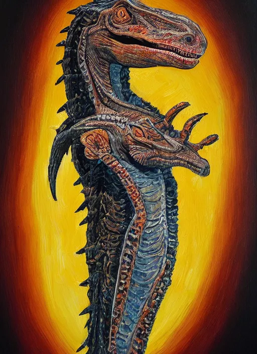 Prompt: jesus is a velociraptor, intricate details, realistic iconic sacral oil painting,