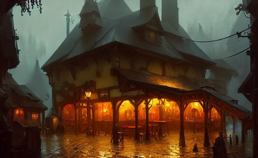 Prompt: a medieval tavern with rainy and moody cinematic lighting by darek zabrocki and greg ruthkowski, alphonse mucha, simon stalenhag and cinematic and blue cold atmospheric, concept art, artstation, trending on artstation