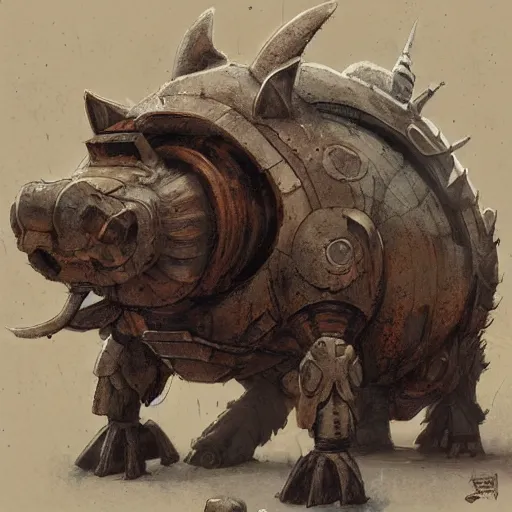 Prompt: an ashigaru mecha boar by brian froud and greg rutkowski