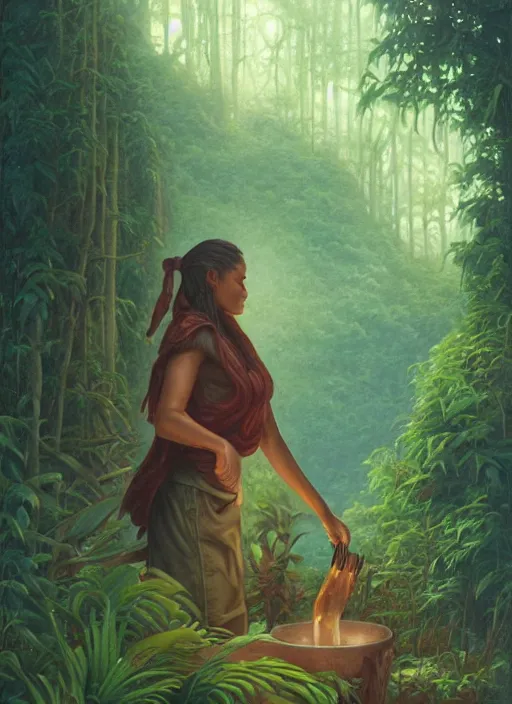 Image similar to a female herbalist in the jungle, art by christophe vacher