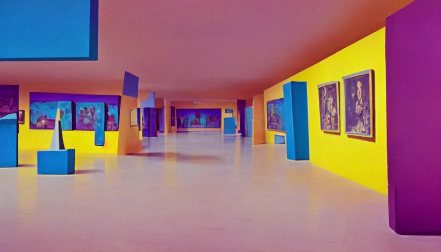 Image similar to 60s movie still of a sovietic stalinist style empty art museum with yellow wall and light blue tiles floor, LOMOCHROME PURPLE FILM 100-400 35MM, liminal Space style, heavy grain