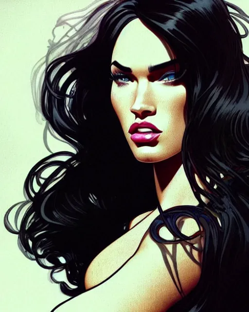 Image similar to low angle closeup beautiful very seductive megan fox retro scifi goddess pinup, action glamour pose, windblown dark hair, hyper detailed, digital art, studio lighting, smooth, ambient lighting, sharp focus, frank miller, wlop, anna dittmann, moebius!, alphonse mucha, patrick nagle!!!, rim lighting, synthwave