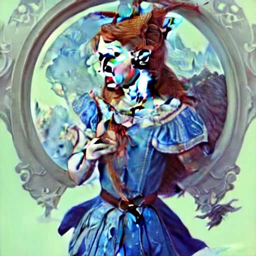 Image similar to movie poster of \'alice in wonderland\', wearing blue and white armor, fantasy, intricate, elegant, highly detailed, digital painting, artstation, concept art, smooth, sharp focus, illustration, art by Fernanda Suarez and Artem Demura and alphonse mucha