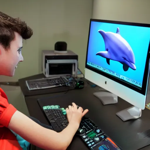 Image similar to A dolphin wearing a chemist outfit playing games on a computer, 4k, award-winning photography