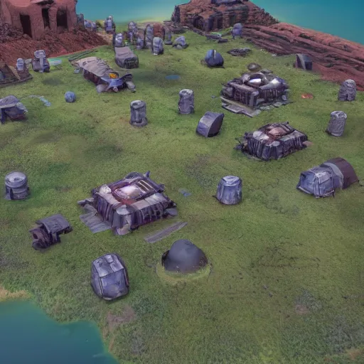 Image similar to isometric view of a colony on a strange planet, from a game, high quality graphics, unreal engine