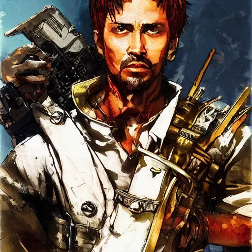 Image similar to portrait of a hero holding his sword in front of his face by yoji shinkawa, high quality, extra details, realism, ornate, colored, golden chain, blood, white skin, short hair, brown eyes, vivid, sunlight, dynamic, american man, freedom, white american soldier, painting, futurist, military, forest scenery