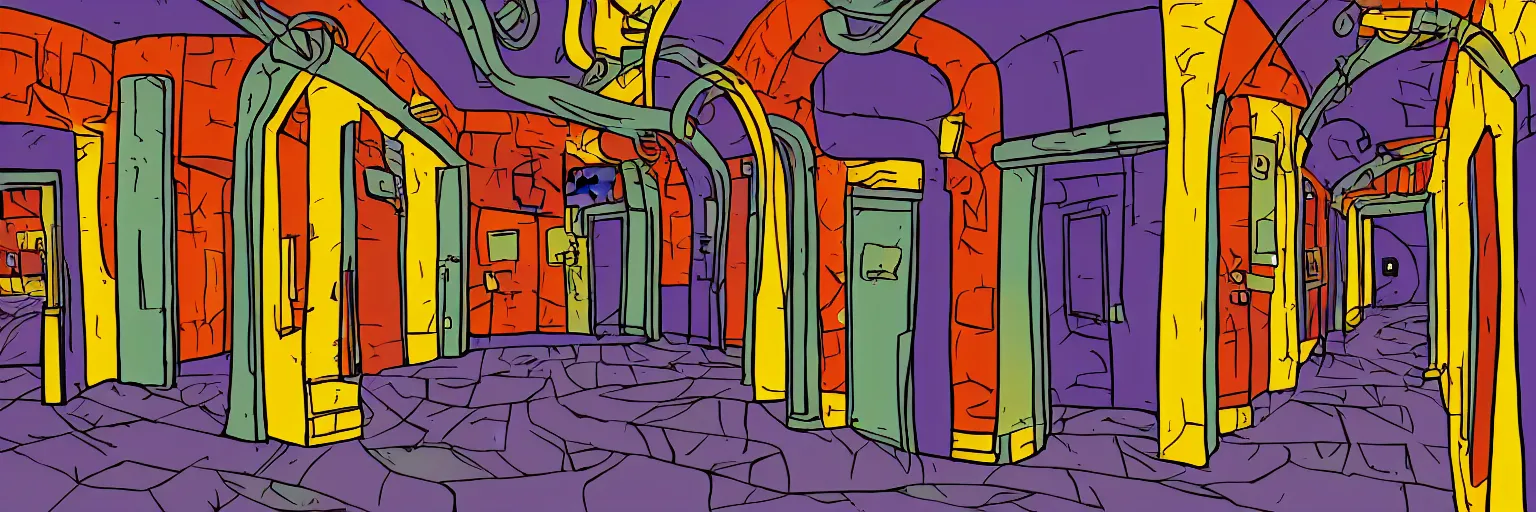 Prompt: theatre access corridor background, 3 doors, day of the tentacle, color, vibrant, flat style