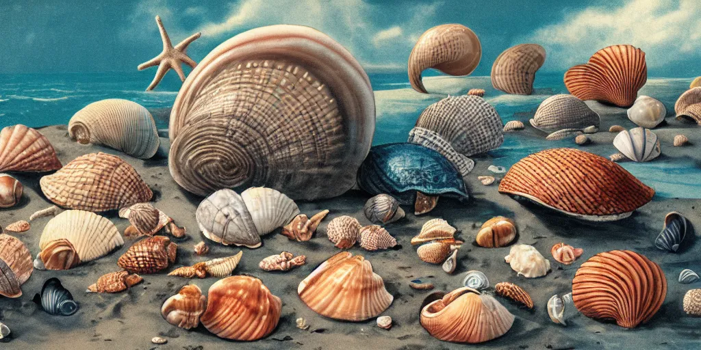 Prompt: full color page scan of various vintage sea shells illustrations on black background, in matte painting, 2 d, kitbash, 4 k